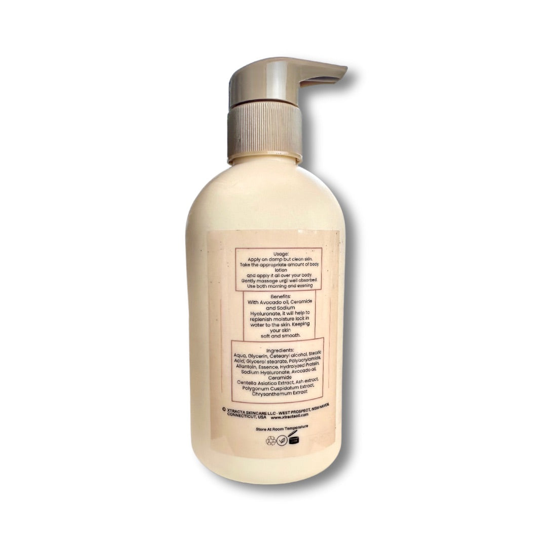 A bottle of rich, creamy body lotion with natural ingredients