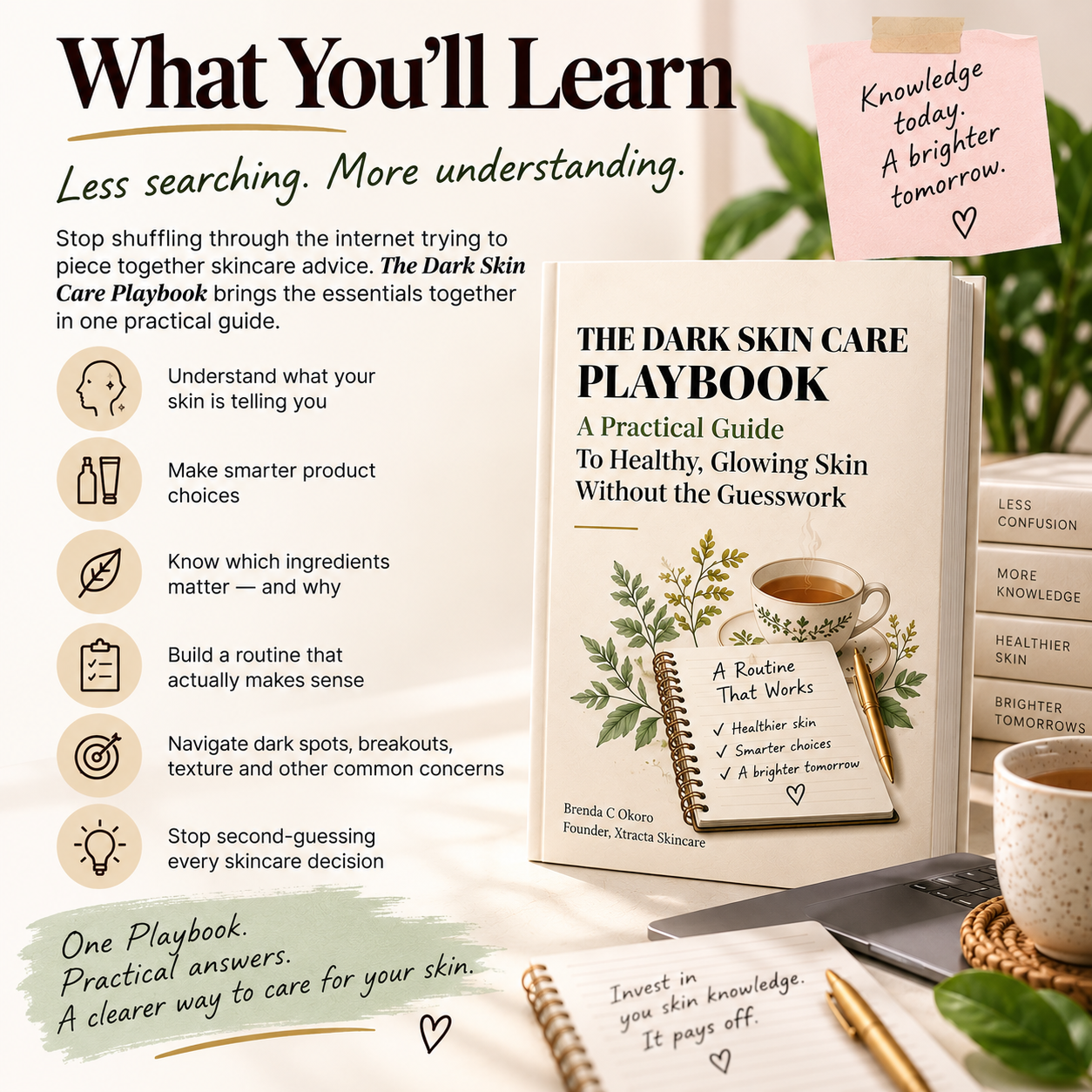 The Dark Skin Care Playbook showing what readers will learn, including skincare ingredients, routines, product choices, dark spots and breakouts—all in one practical guide.