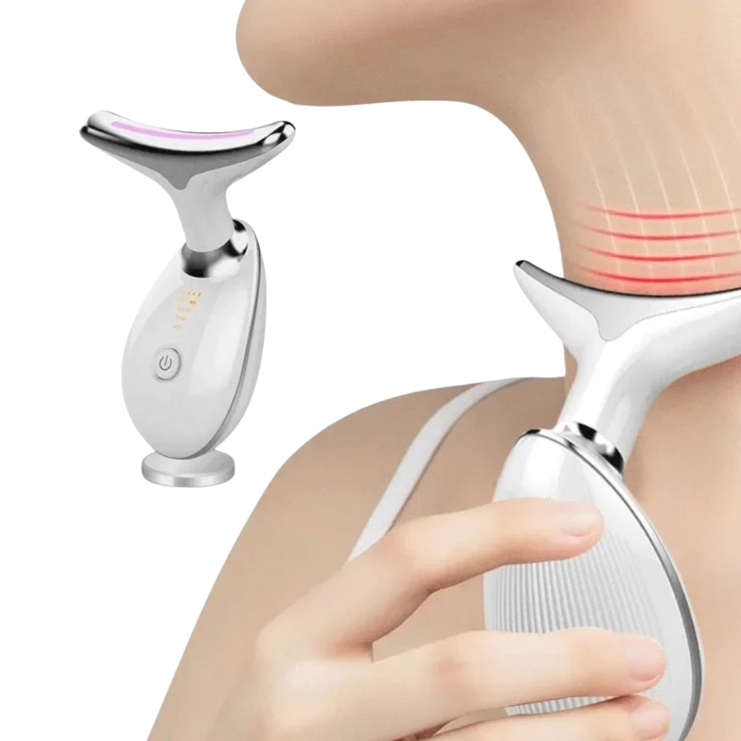 Person using a 3-color LED light therapy device on their neck