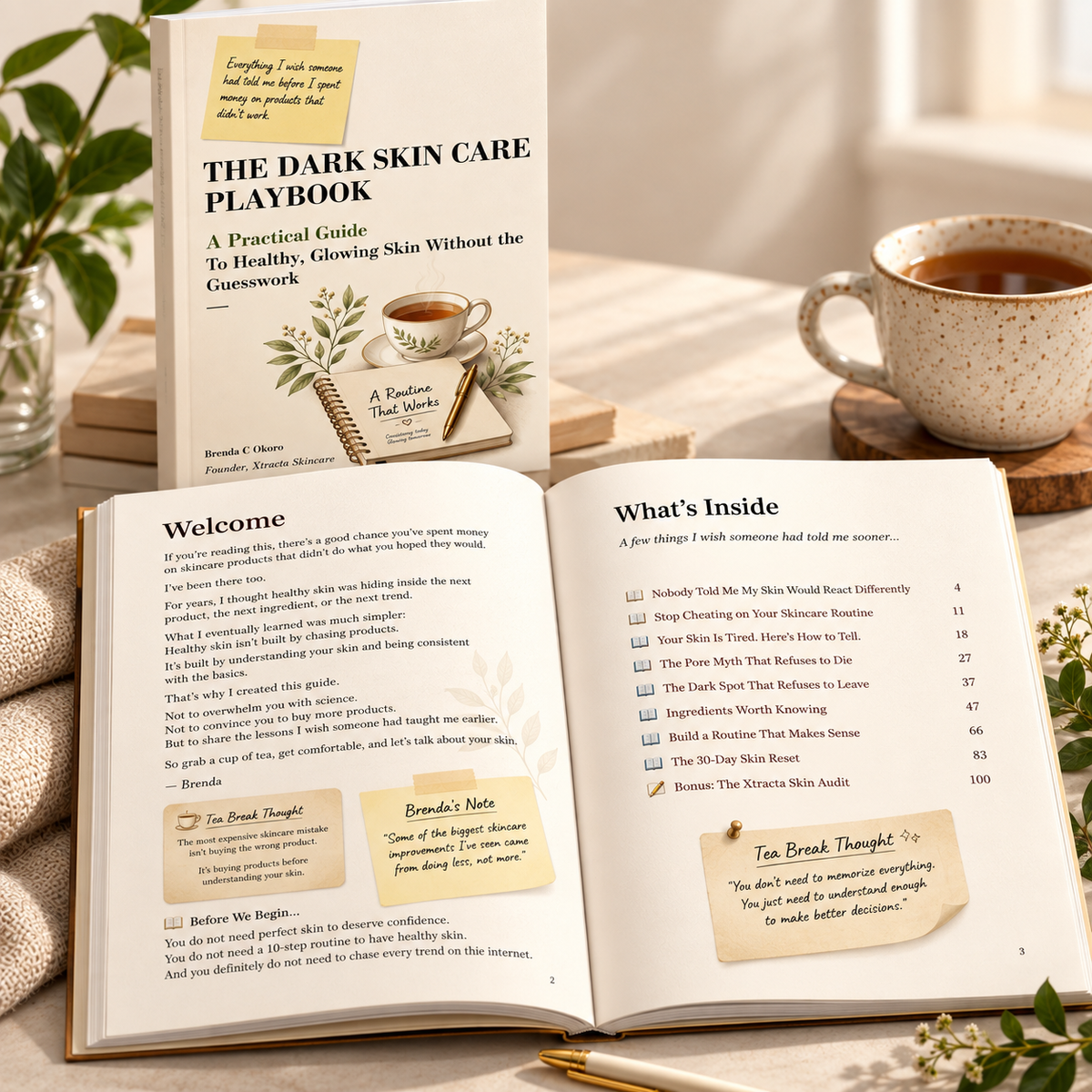 The Dark Skin Care Playbook by Xtracta Skincare open to the Welcome and What’s Inside pages, showing its practical skincare guidance for melanin-rich skin.