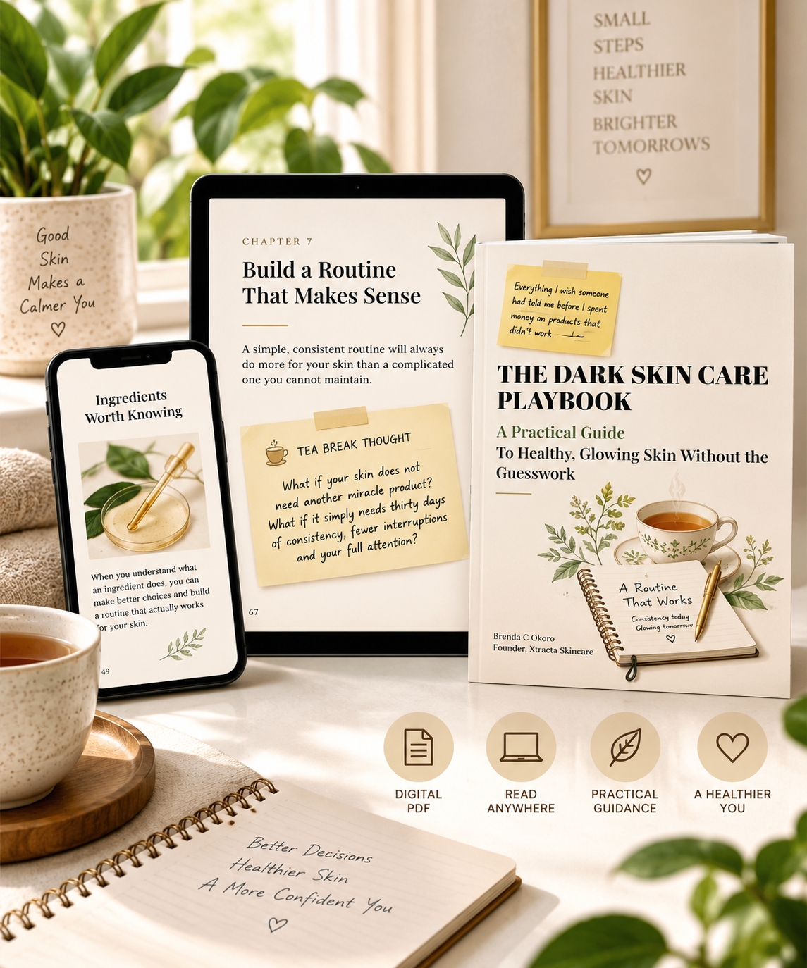 The Dark Skin Care Playbook by Xtracta Skincare shown on a tablet and phone, featuring skincare ingredients, routine guidance and Tea Break Thoughts.