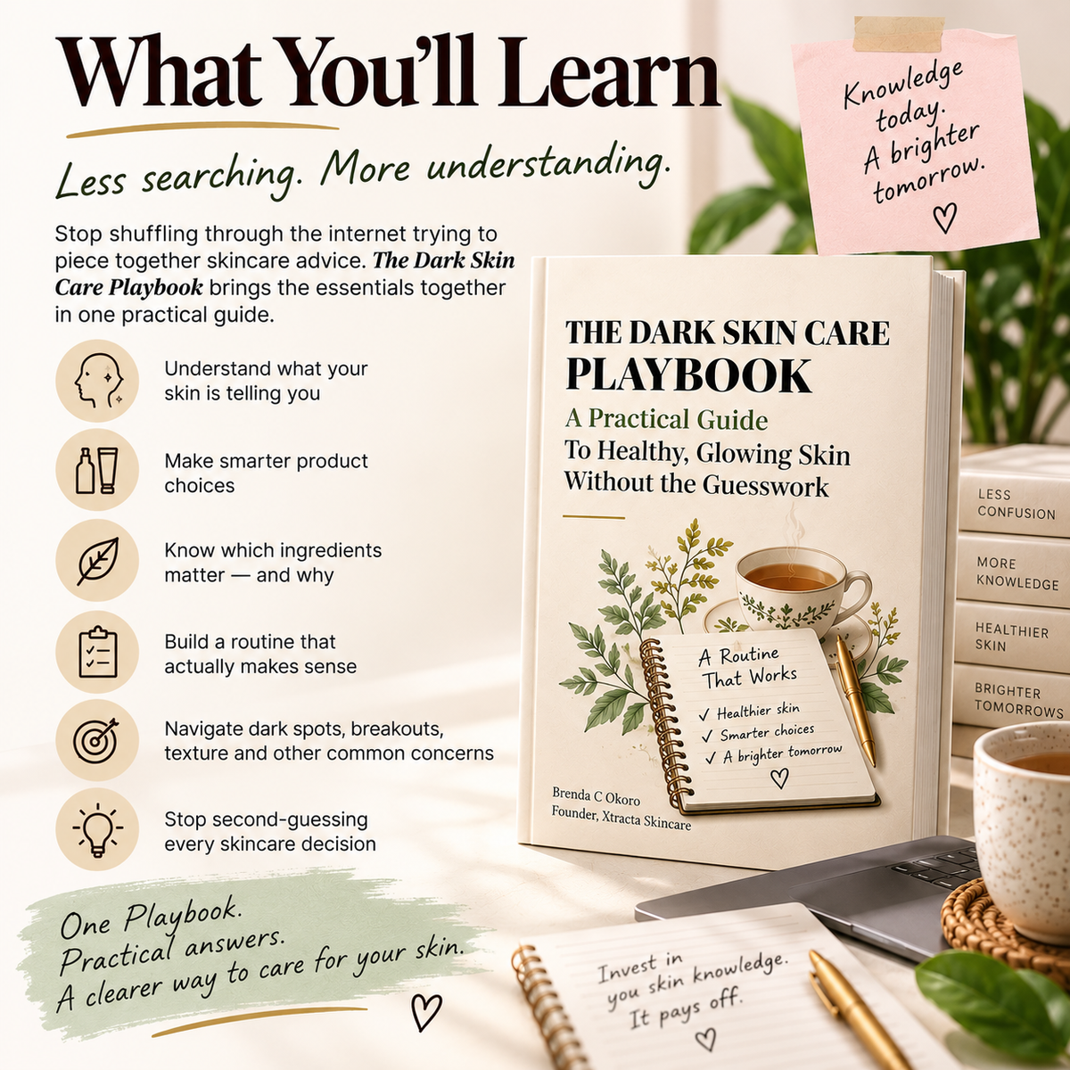 The Dark Skin Care Playbook showing what readers will learn, including skincare ingredients, routines, product choices, dark spots and breakouts—all in one practical guide.