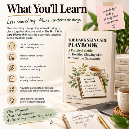 The Dark Skin Care Playbook showing what readers will learn, including skincare ingredients, routines, product choices, dark spots and breakouts—all in one practical guide.